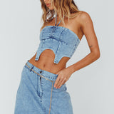 Romcom Halterneck Crop Top Denim Blue