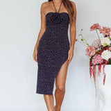 Gisela Rose Accent Split Midi Dress Spotty Blue