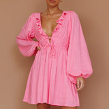 Carnivale Balloon Sleeve Ruffle Mini Dress Pink