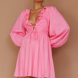 Carnivale Balloon Sleeve Ruffle Mini Dress Pink