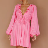 Carnivale Balloon Sleeve Ruffle Mini Dress Pink