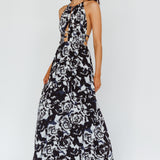 Cyndi Open Back Halterneck Maxi Dress Floral Black