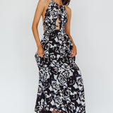 Cyndi Open Back Halterneck Maxi Dress Floral Black