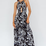 Cyndi Open Back Halterneck Maxi Dress Floral Black