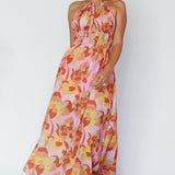 Cyndi Open Back Halterneck Maxi Dress Pink Multi