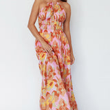 Cyndi Open Back Halterneck Maxi Dress Pink Multi