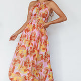 Cyndi Open Back Halterneck Maxi Dress Pink Multi
