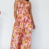 Cyndi Open Back Halterneck Maxi Dress Pink Multi