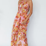 Cyndi Open Back Halterneck Maxi Dress Pink Multi