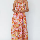 Cyndi Open Back Halterneck Maxi Dress Pink Multi