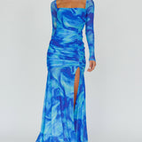 Apryl Long Sleeve Lace-Up Back Maxi Dress Blue