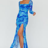 Apryl Long Sleeve Lace-Up Back Maxi Dress Blue