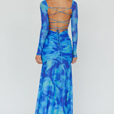 Apryl Long Sleeve Lace-Up Back Maxi Dress Blue