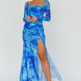 Apryl Long Sleeve Lace-Up Back Maxi Dress Blue