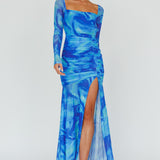 Apryl Long Sleeve Lace-Up Back Maxi Dress Blue