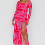 Apryl Long Sleeve Lace-Up Back Maxi Dress Pink