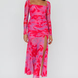 Apryl Long Sleeve Lace-Up Back Maxi Dress Pink