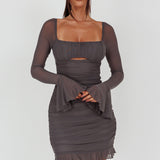 In Bloom Flared Cuff Mini Dress Charcoal