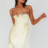 Rose Garden Floral Applique Wrap Mini Dress Lemon