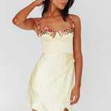 Rose Garden Floral Applique Wrap Mini Dress Lemon