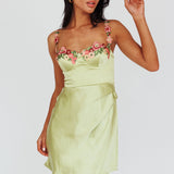 Rose Garden Floral Applique Wrap Mini Dress Lime