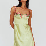 Rose Garden Floral Applique Wrap Mini Dress Lime