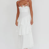 Rose Garden Tiered Ruffle Floral Trim Maxi Dress White