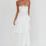 Rose Garden Tiered Ruffle Floral Trim Maxi Dress White