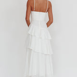 Rose Garden Tiered Ruffle Floral Trim Maxi Dress White