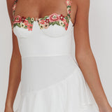 Rose Garden Tiered Ruffle Floral Trim Maxi Dress White