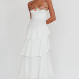 Rose Garden Tiered Ruffle Floral Trim Maxi Dress White