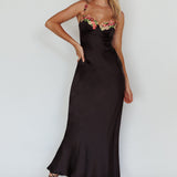 Rose Garden Floral Applique Midi Dress Black