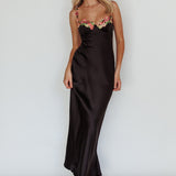 Rose Garden Floral Applique Midi Dress Black