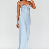 Rose Garden Floral Applique Midi Dress Blue
