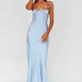Rose Garden Floral Applique Midi Dress Blue