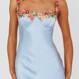 Rose Garden Floral Applique Midi Dress Blue