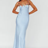 Rose Garden Floral Applique Midi Dress Blue