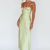 Rose Garden Floral Applique Midi Dress Lime
