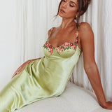 Rose Garden Floral Applique Midi Dress Lime