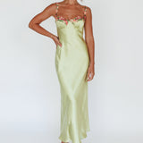 Rose Garden Floral Applique Midi Dress Lime