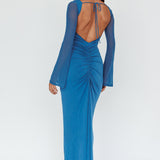 Crystal Ball Open Back Ruched Maxi Dress Blue