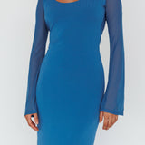 Crystal Ball Open Back Ruched Maxi Dress Blue