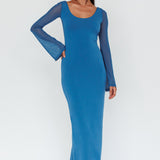 Crystal Ball Open Back Ruched Maxi Dress Blue