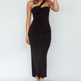Trinny One-Shoulder Ruched Back Midi Dress Black