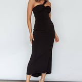 Trinny One-Shoulder Ruched Back Midi Dress Black
