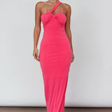 Trinny One-Shoulder Ruched Back Midi Dress Hot Pink