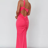 Trinny One-Shoulder Ruched Back Midi Dress Hot Pink