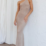 Next Level One-Shoulder Crochet Maxi Dress Beige