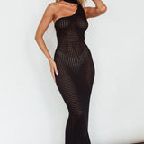 Next Level One-Shoulder Crochet Maxi Dress Black