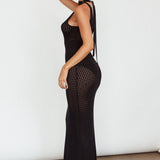 Next Level One-Shoulder Crochet Maxi Dress Black